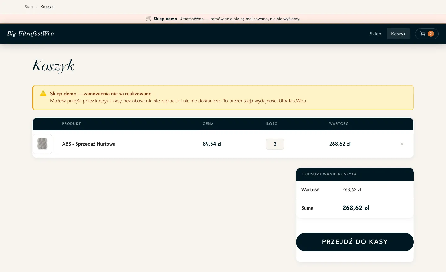 The cart page: a line item with quantity, a cart-summary panel with totals, and a checkout button.