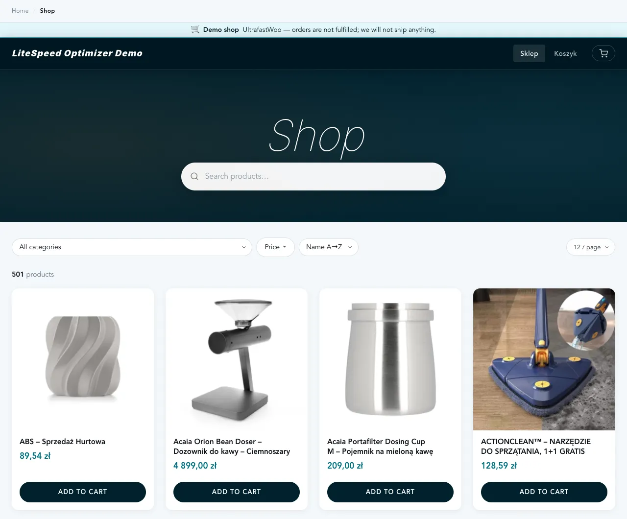 The cool demo storefront: pale blue background, cyan accent, Inter headings — the same layout as the warm demo.