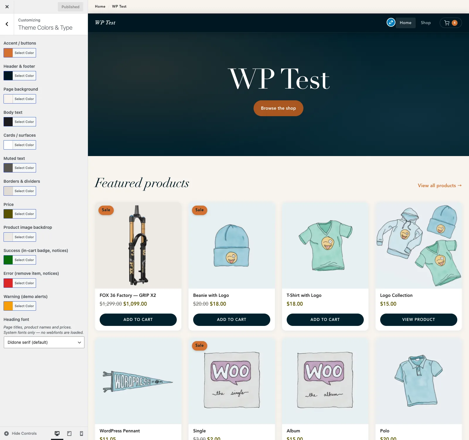 The WordPress Customizer open on UltrafastWoo's Theme Colors and Type panel: twelve colour pickers and a heading-font select on the left, the live storefront preview updating on the right.