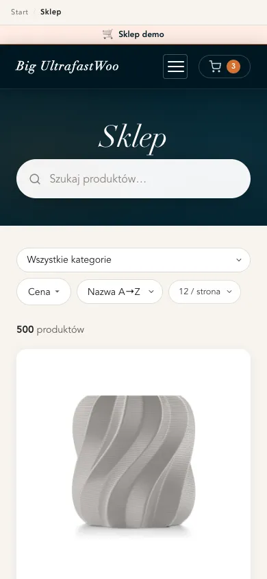 The shop page on a narrow phone-sized screen: the header, hero, filters and product cards all reflow into a single column.