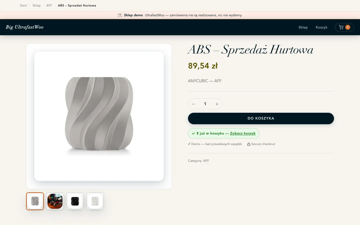 Product page: image gallery with four thumbnails, quantity stepper, add-to-cart button, and a green badge reading '3 already in cart'.