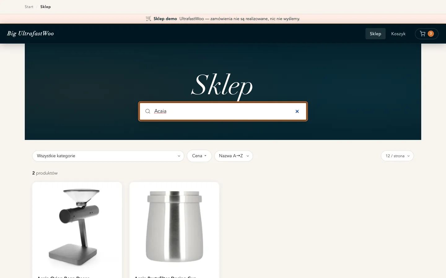 The shop page with a search box containing 'Acaia' and the result count showing two matching products.