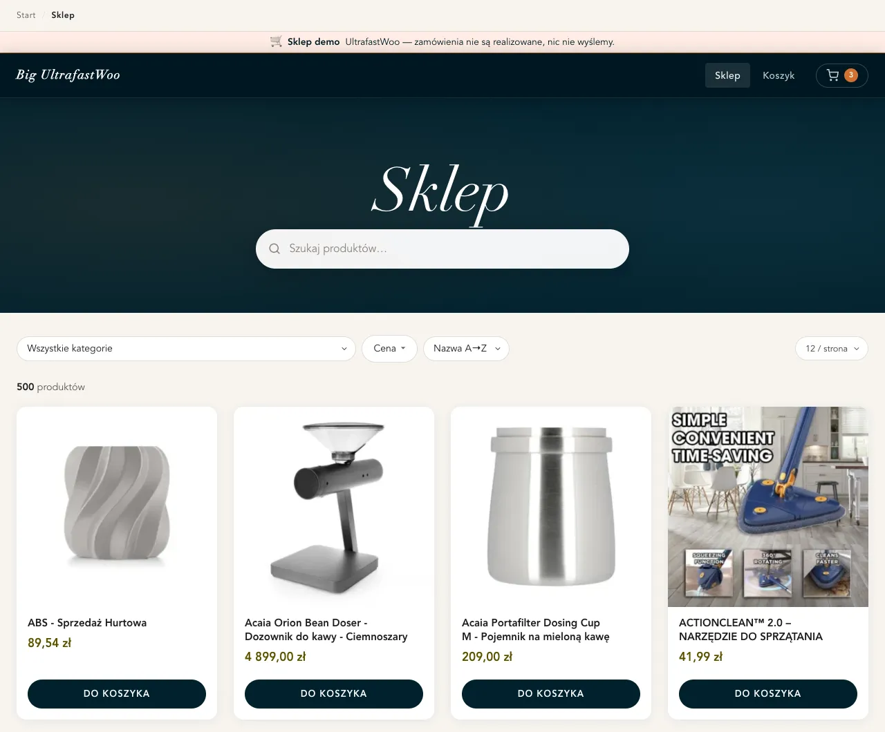 The warm demo storefront: cream background, orange accent, navy header, Didone italic page title, product grid.